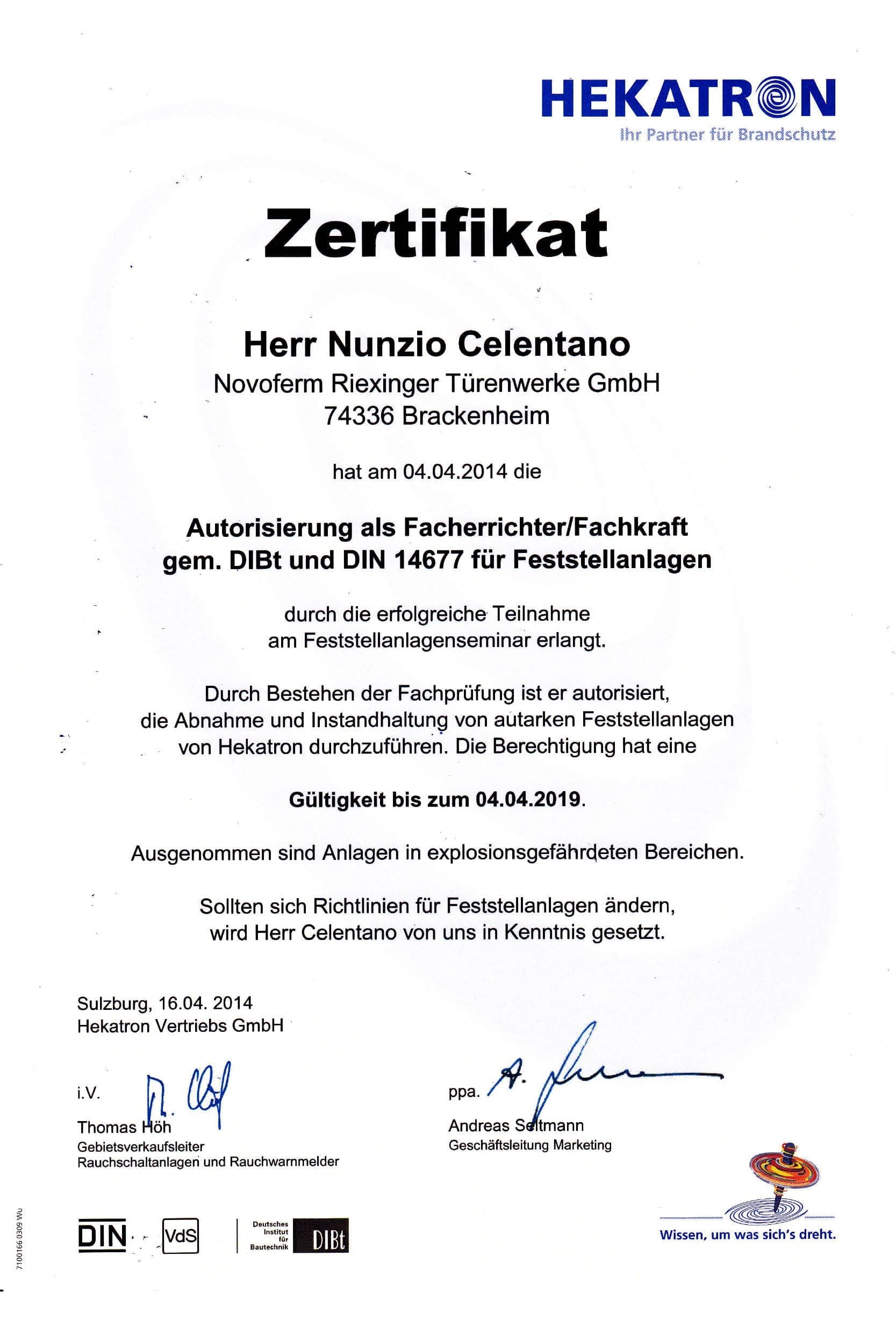 Urkunde zur Fachkraft für Feststellanlagen Fachkraft für FSA nach Baurichtlinien