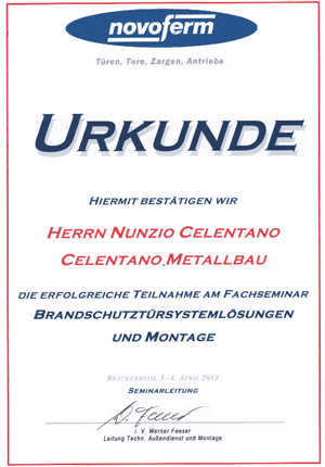 Fachkraft für Brandschutztürsysteme der Firma Novoferm Urkunde zur bestätigten Teilnahme am Seminar für Brandschutztürsysteme